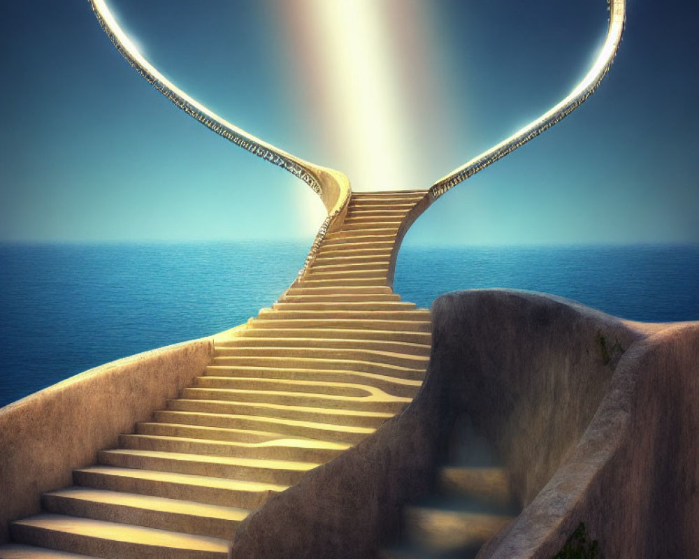 Surreal winding staircase with ocean backdrop