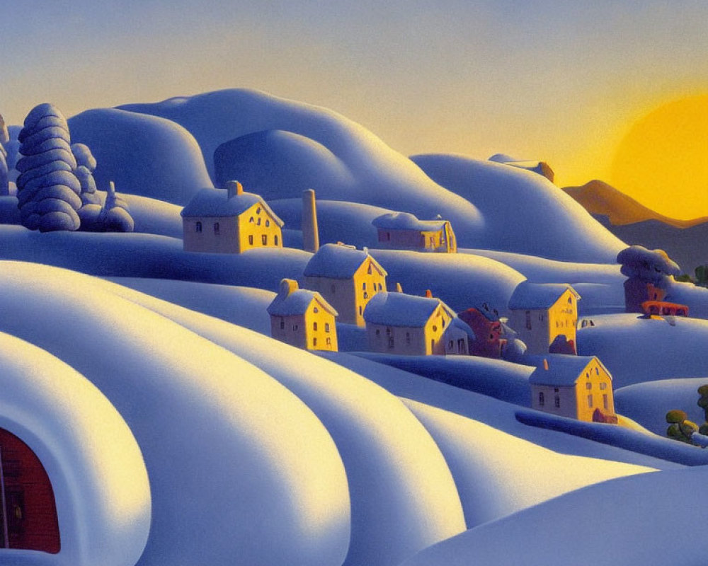 Snow-covered village painting with rolling hills and setting sun.