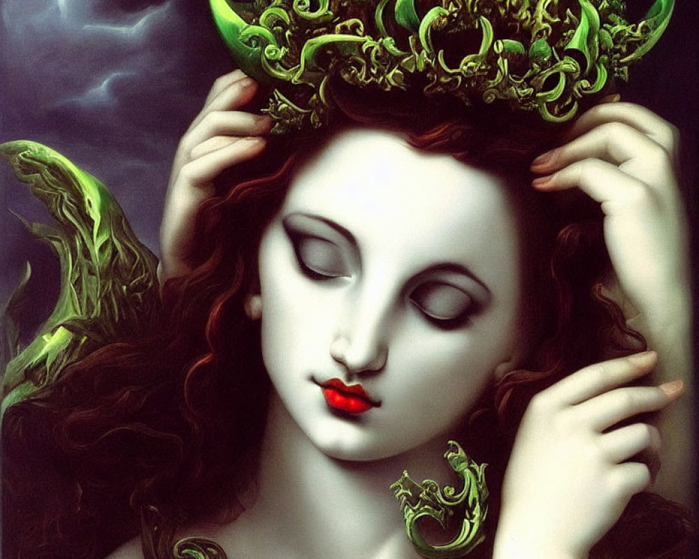 Medusa painting with solemn expression and serpents crown on stormy background