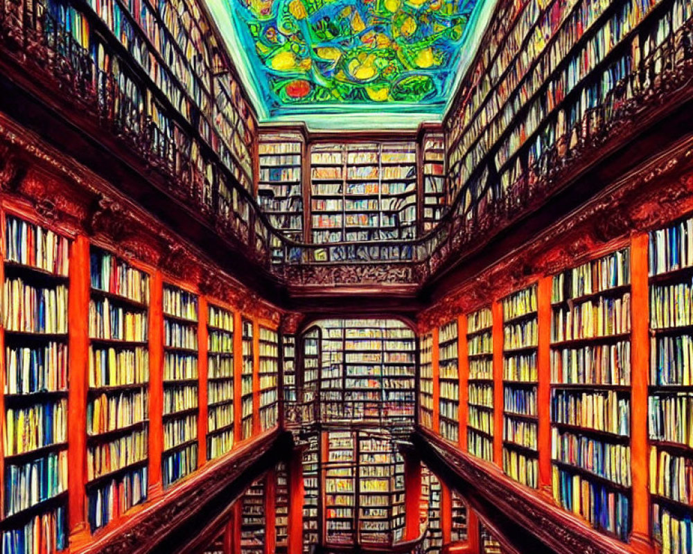 Colorful Library with Floor-to-Ceiling Bookshelves & Artistic Ceiling