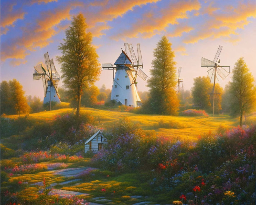 Traditional windmills in vibrant landscape with wildflowers at sunrise