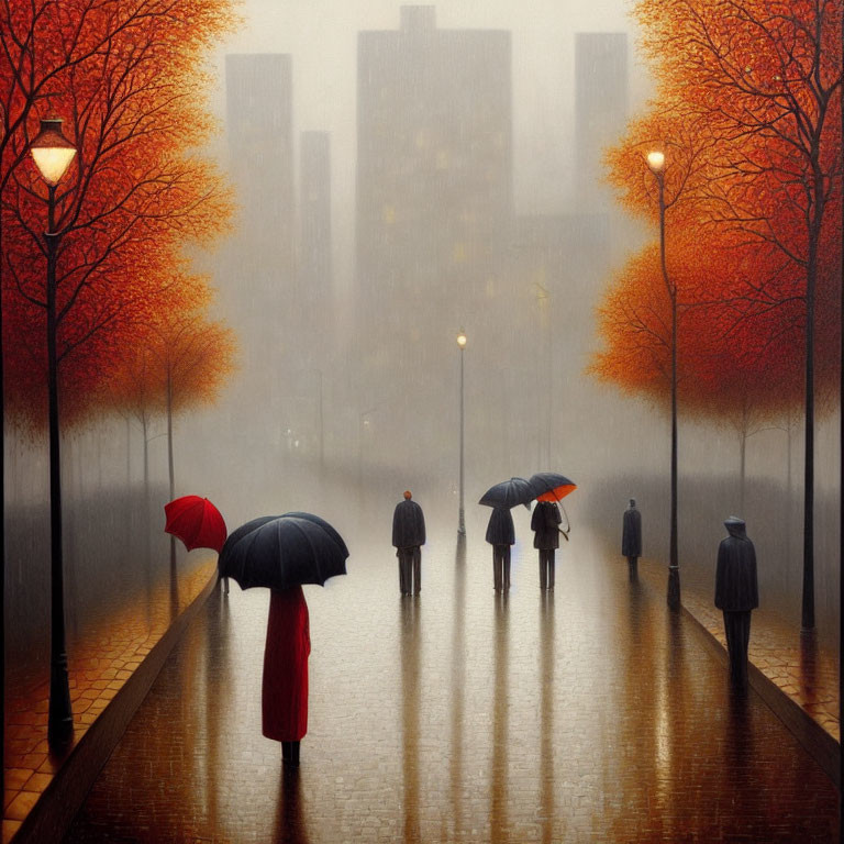 Autumnal scene with people holding umbrellas walking in mist towards skyscrapers