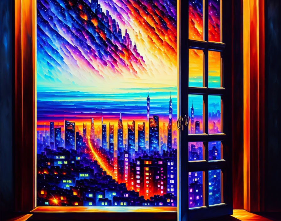 Colorful digital art featuring cityscape at dusk with open window, skyscrapers, and dramatic sky