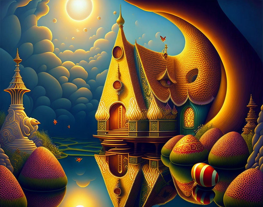 Colorful Stylized Fantasy Landscape with Golden Palace and Sunset Sky