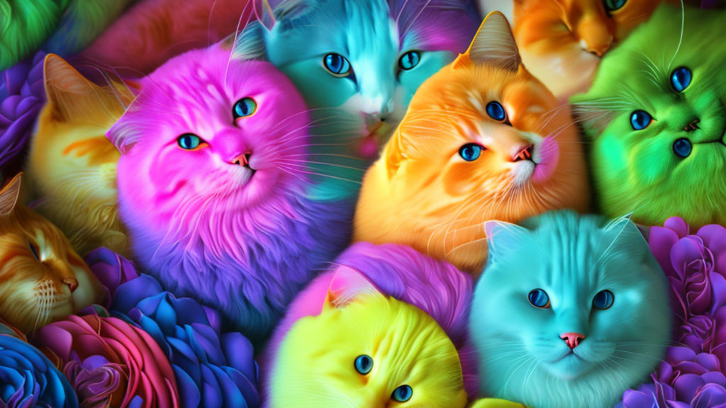 Multicolored cats with expressive eyes amid colorful blooms