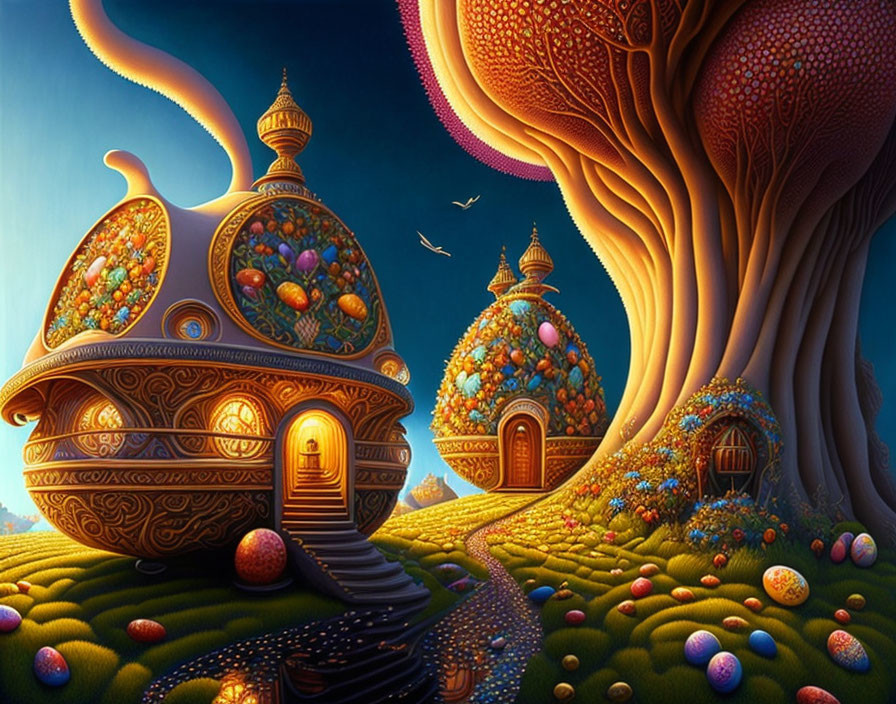 Ornate onion-domed buildings in vibrant fantasy landscape