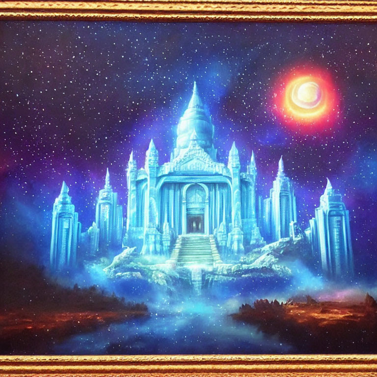 Fantastical painting of glowing blue castle and red spiral galaxy in gold frame