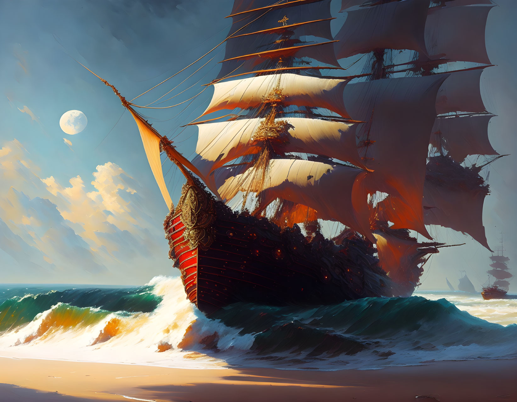pirate ship crashes towards beach
