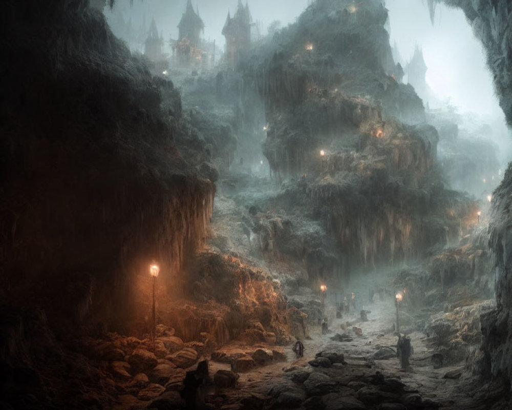 Mystical underground cavern with lanterns, rocky terrain, and ancient dwelling structures