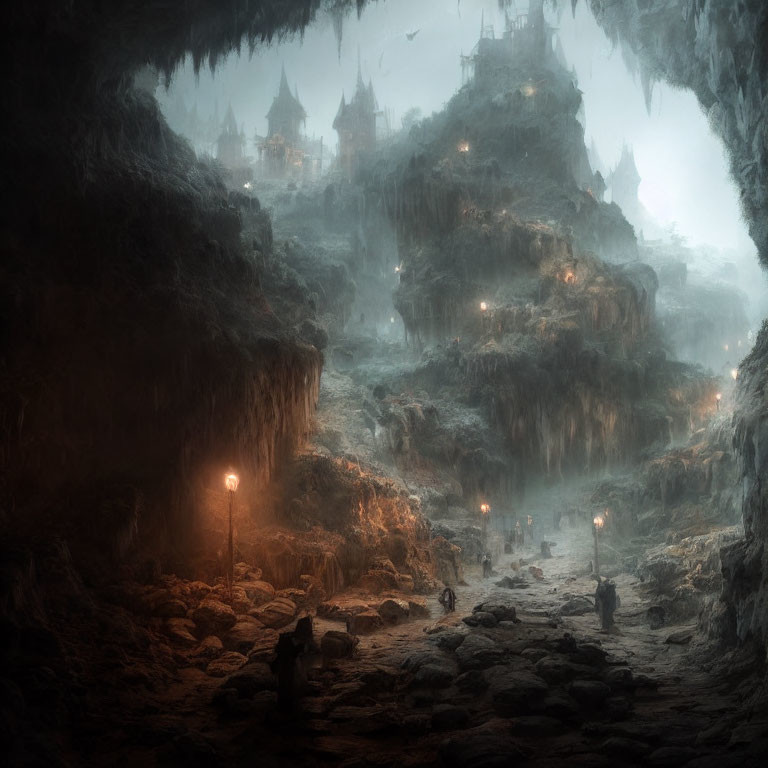 Mystical underground cavern with lanterns, rocky terrain, and ancient dwelling structures