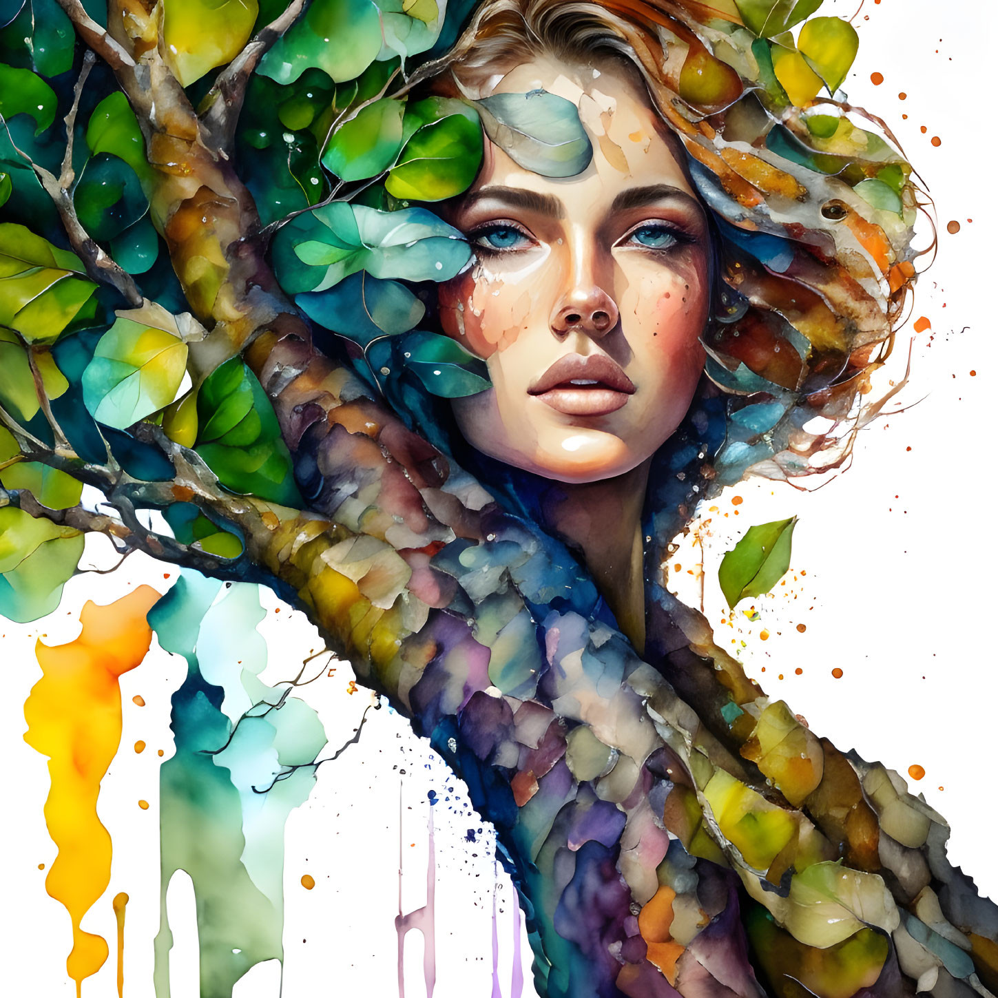 Colorful Watercolor Painting of Woman's Face Blending with Tree