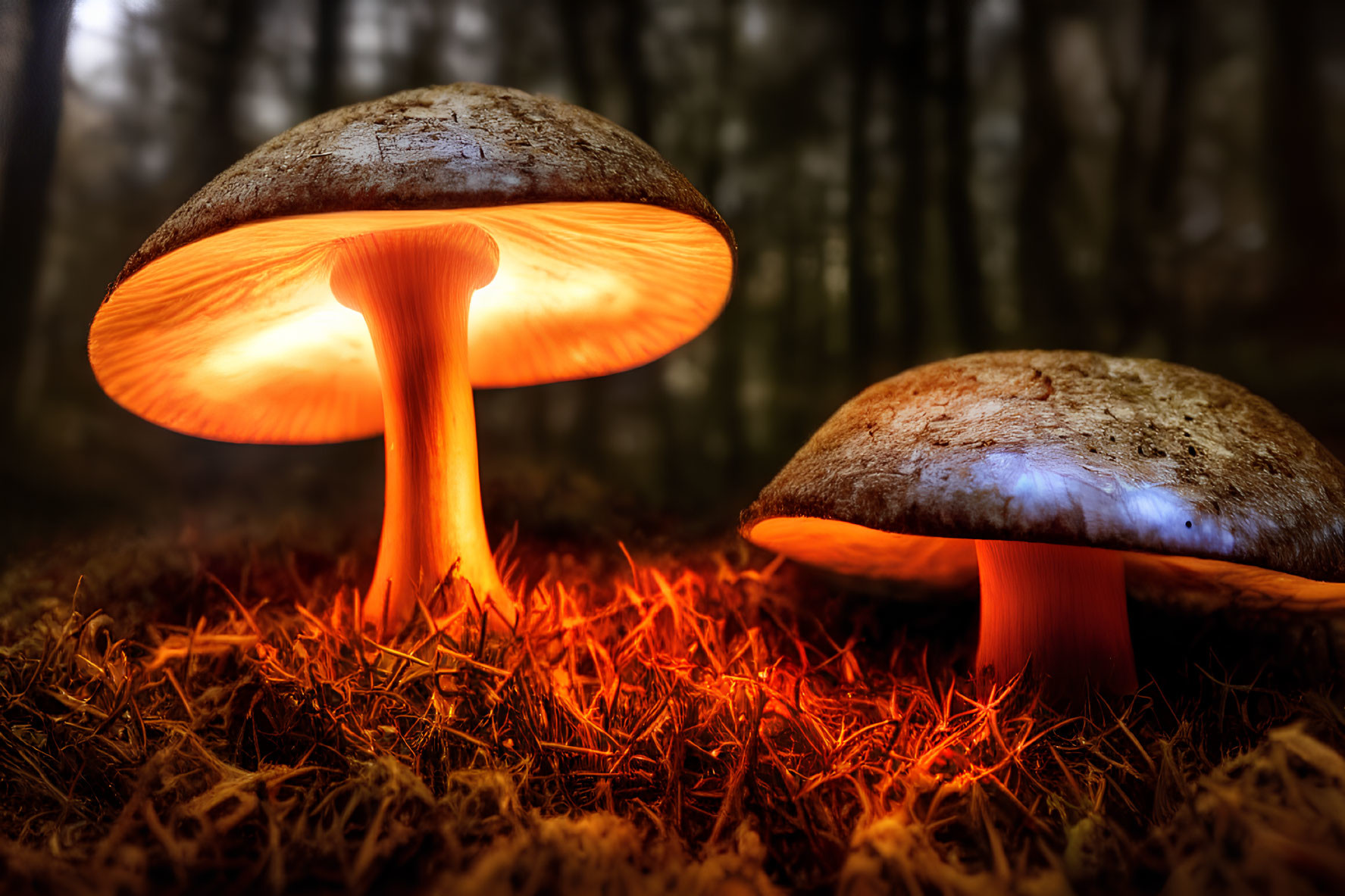 Luminous orange mushrooms in dark forest setting