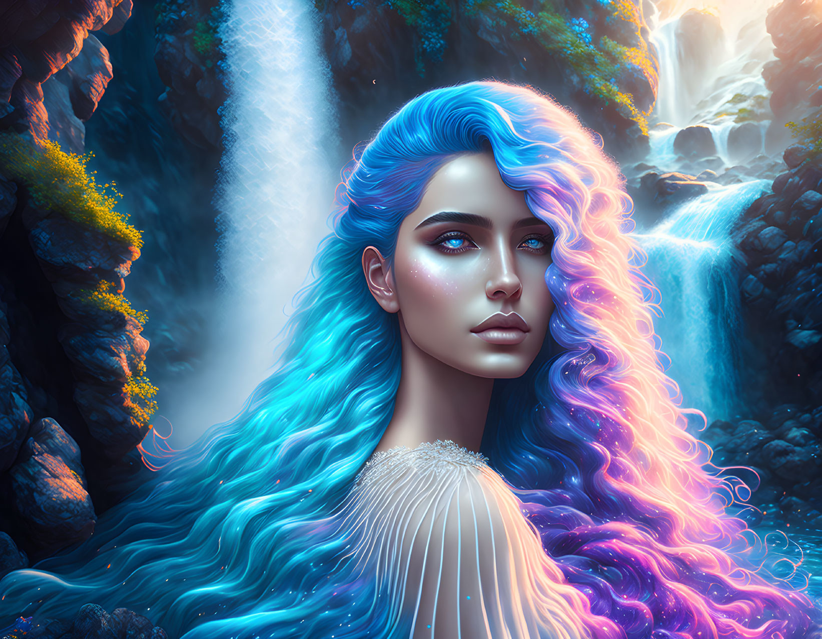 Vibrant blue and purple hair woman in surreal waterfall setting