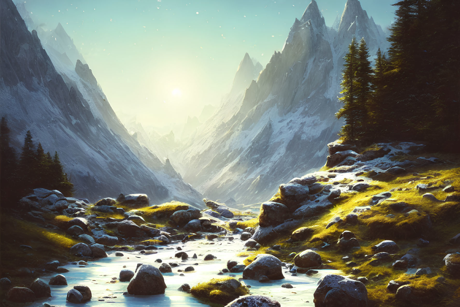 Scenic mountain valley with stream, sunlit peaks, and boulders