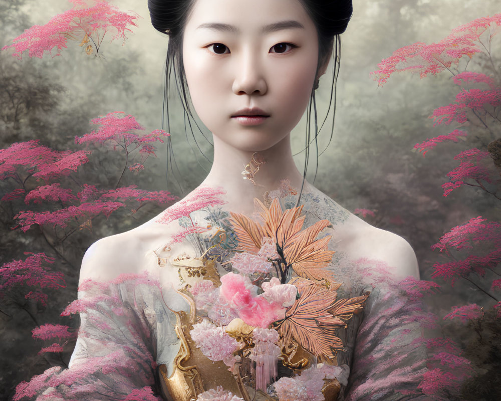 Traditional Makeup Woman Surrounded by Pink Blossoms and Floral Dress