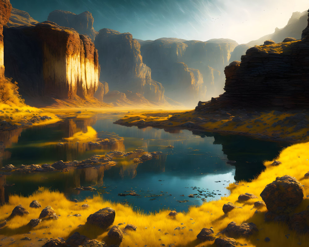 Tranquil landscape with glowing yellow grass, towering cliffs, reflective river, and ethereal light
