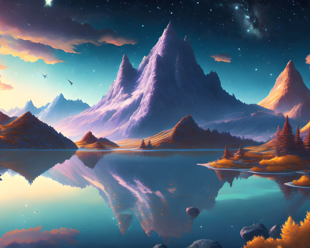 Mountainous landscape reflected in serene lake under starlit sky at dawn