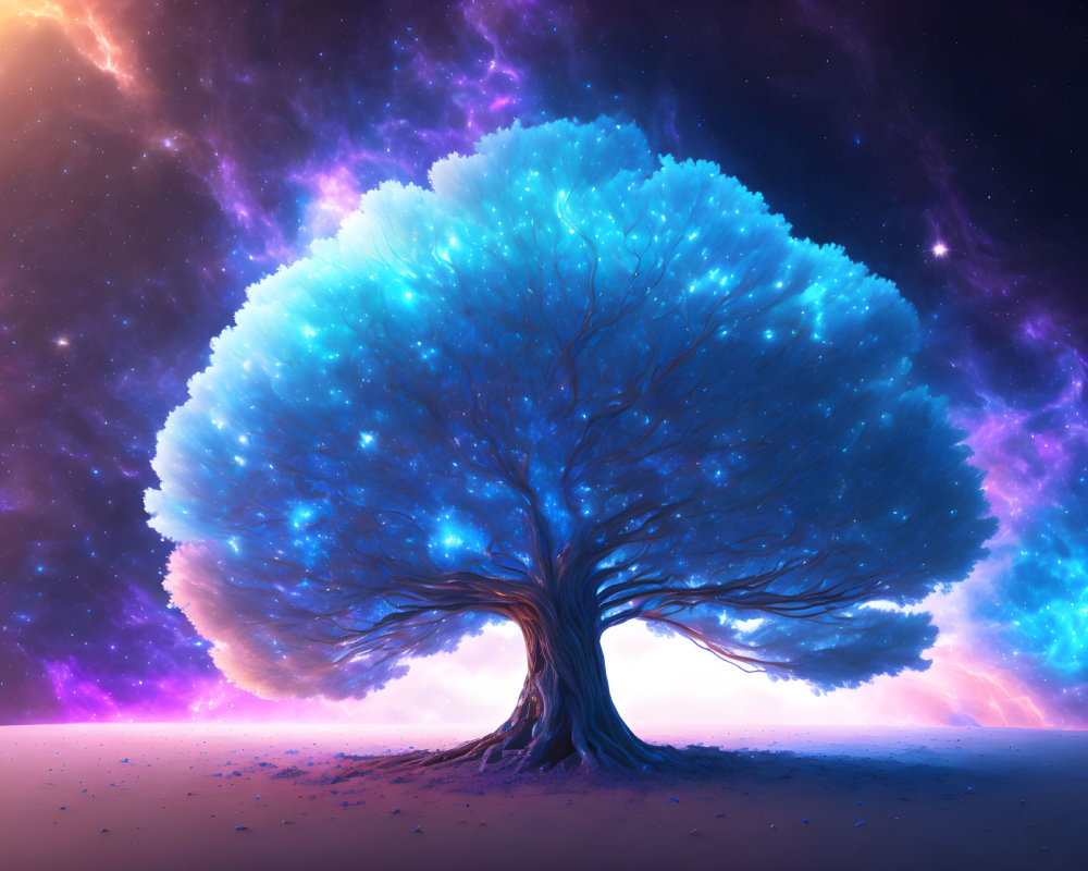 Colorful illustration of lone tree with blue leaves in cosmic sky