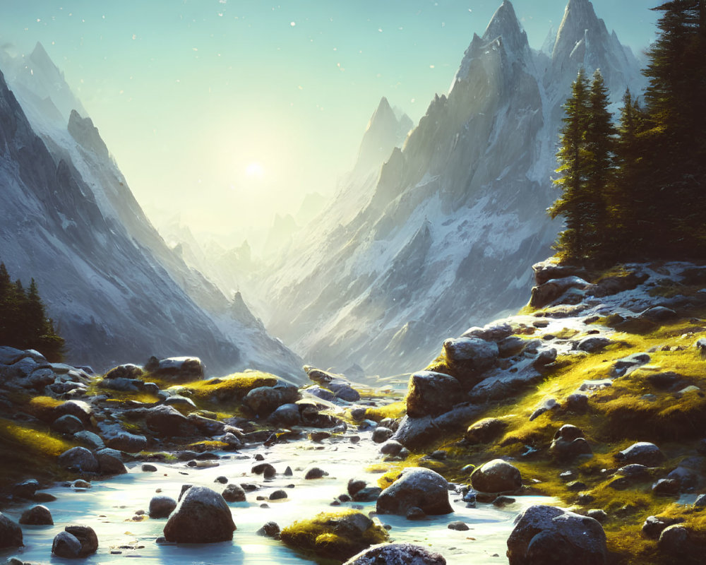 Scenic mountain valley with stream, sunlit peaks, and boulders