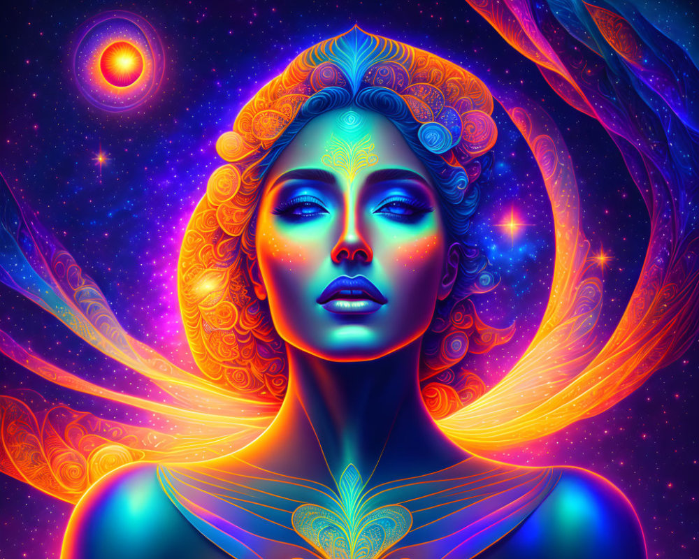 Colorful digital artwork of woman with cosmic and floral patterns in starry space.