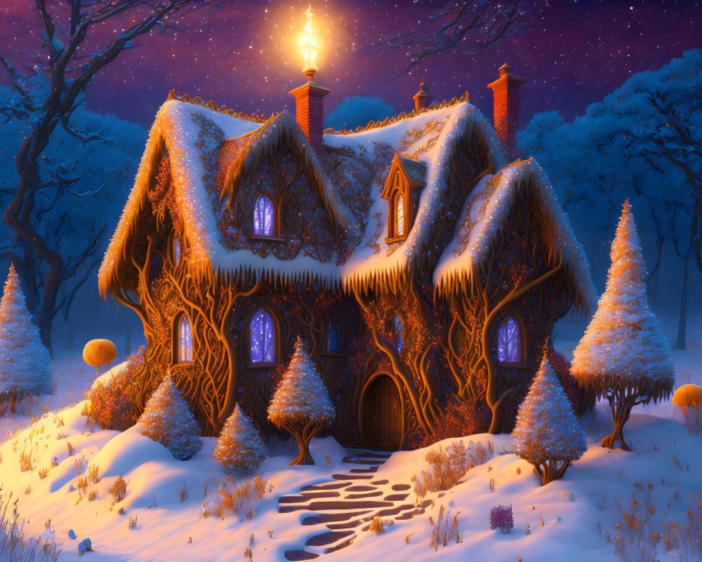 Snowy landscape: Cottage with glowing windows at twilight