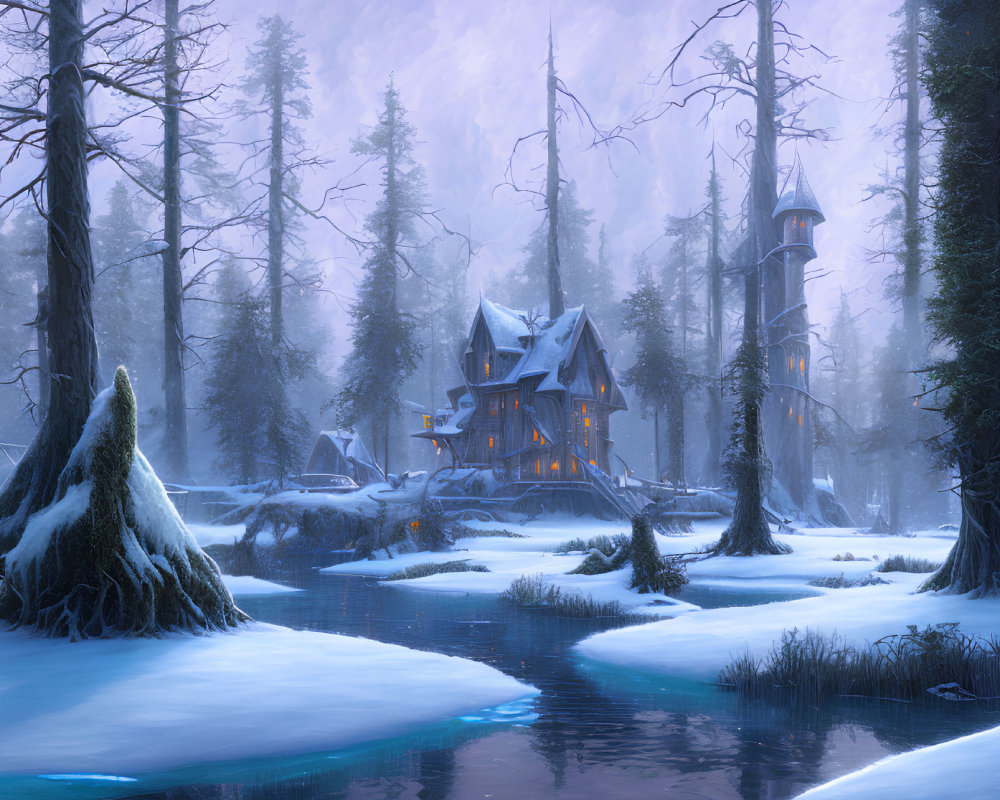 Mystical winter scene with cozy house, tower, snow-covered trees