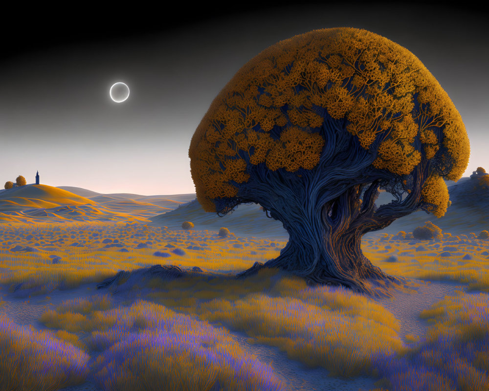 Surreal landscape with massive tree in twilight eclipse scenery