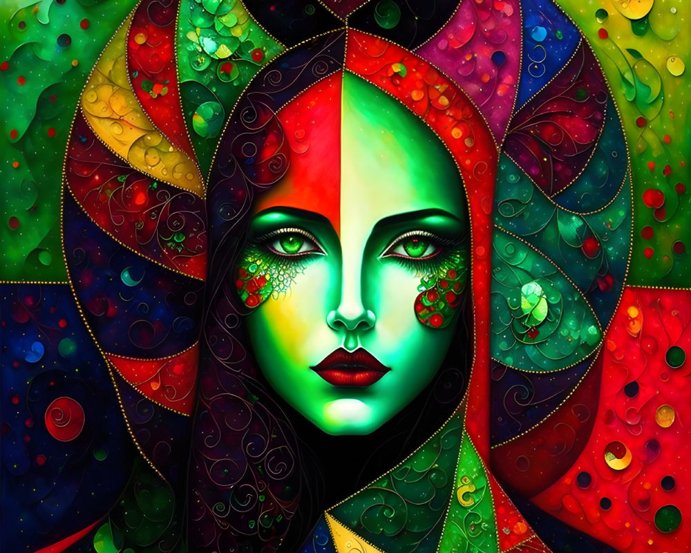 Colorful Digital Artwork of Woman's Face with Symmetrical Patterns and Raindrop Textures