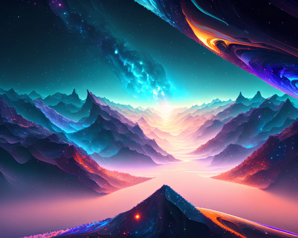Colorful cosmic landscape with neon mountains and swirling patterns