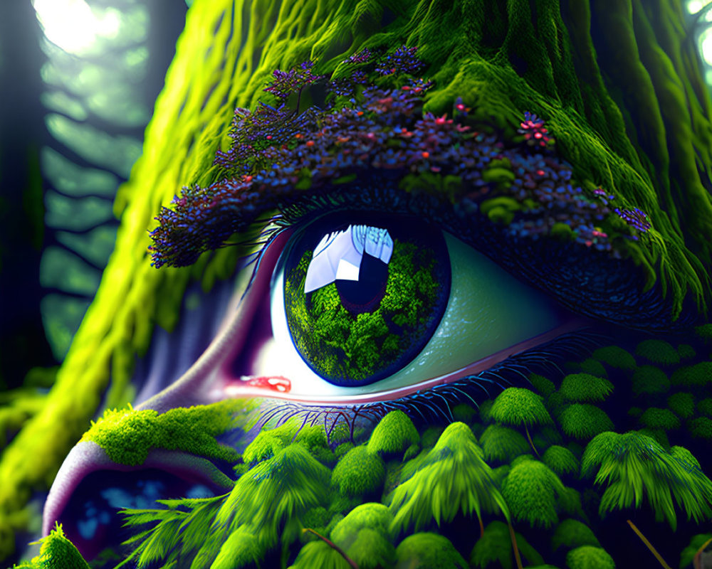 Whimsical eye in lush green forest landscape