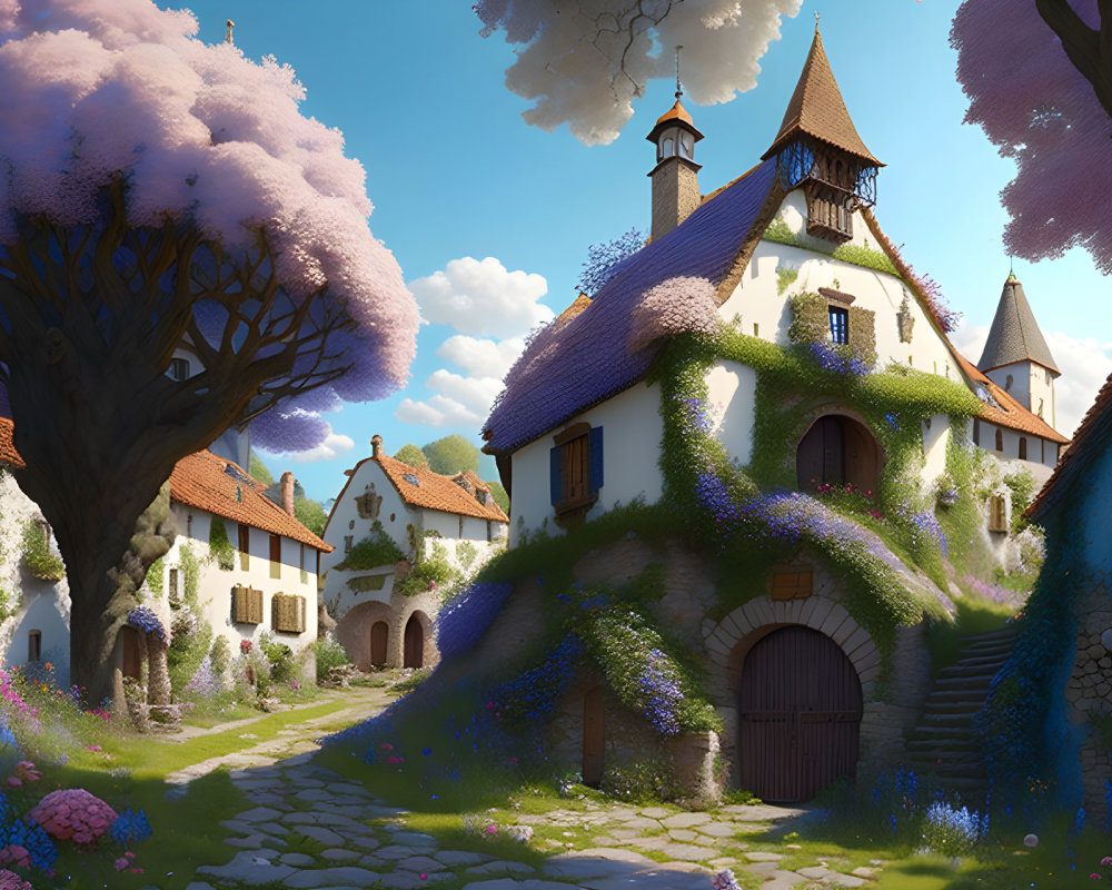 Picturesque village with cobblestone paths, quaint houses, and purple tree.