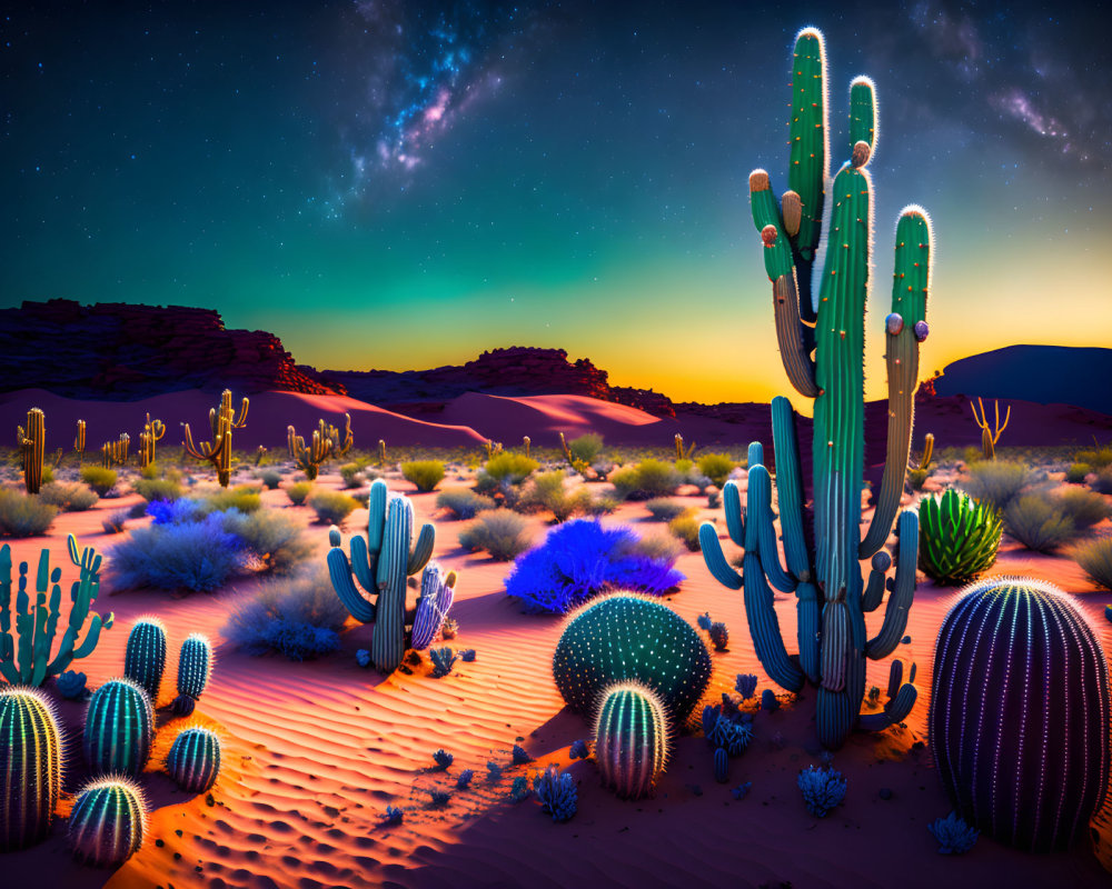 Vibrant desert landscape with cacti, purple flowers, and starry night sky