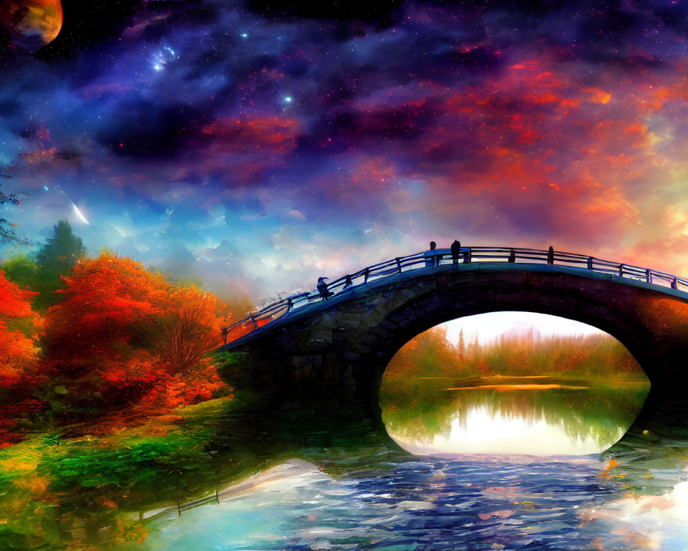 Stone bridge over tranquil river with autumn foliage and starry sky sunset.