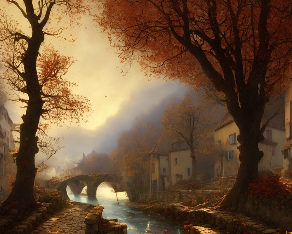 Tranquil autumn landscape with stone bridge, river, and quaint houses