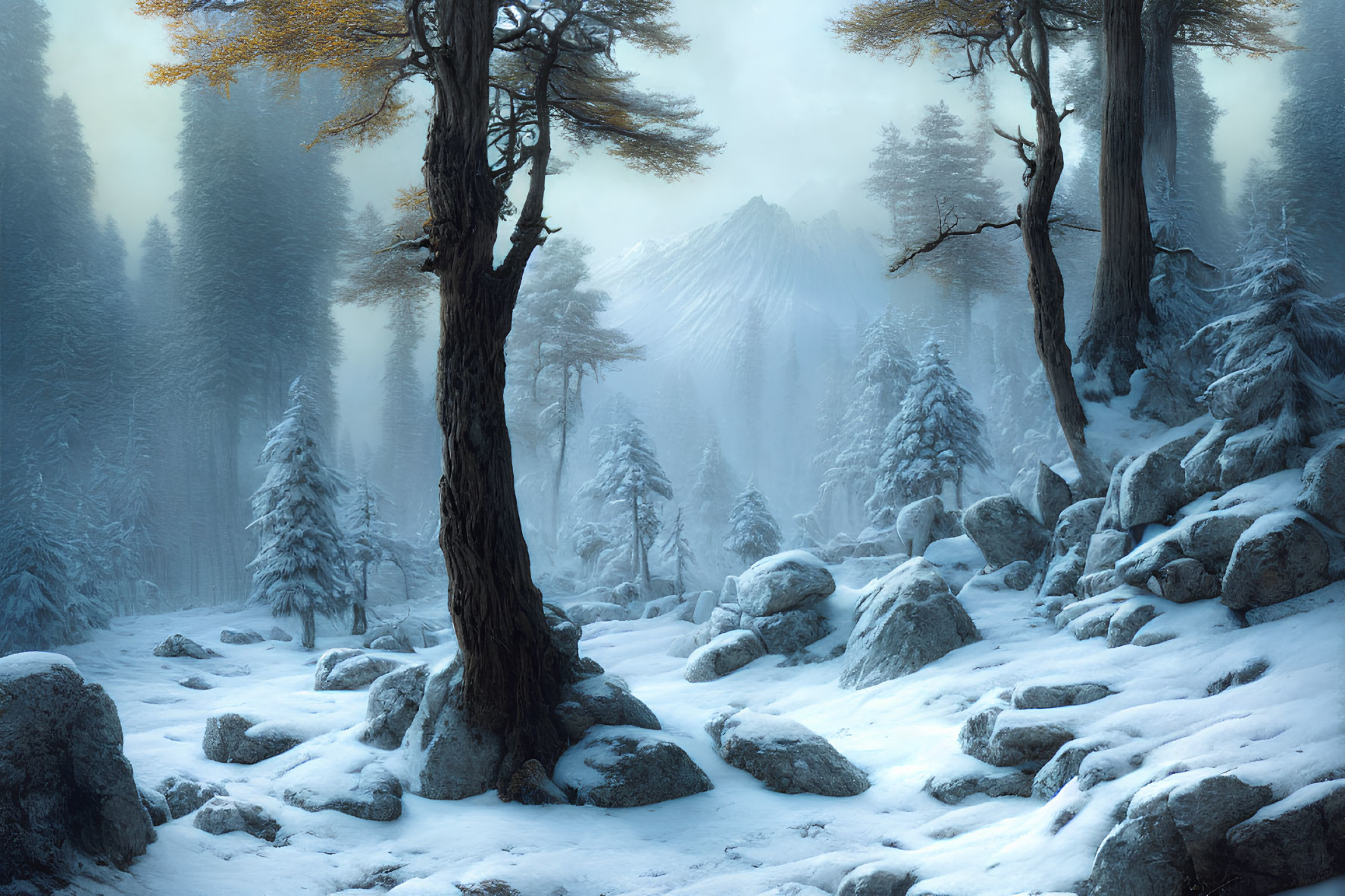 Snow-covered winter forest with misty atmosphere
