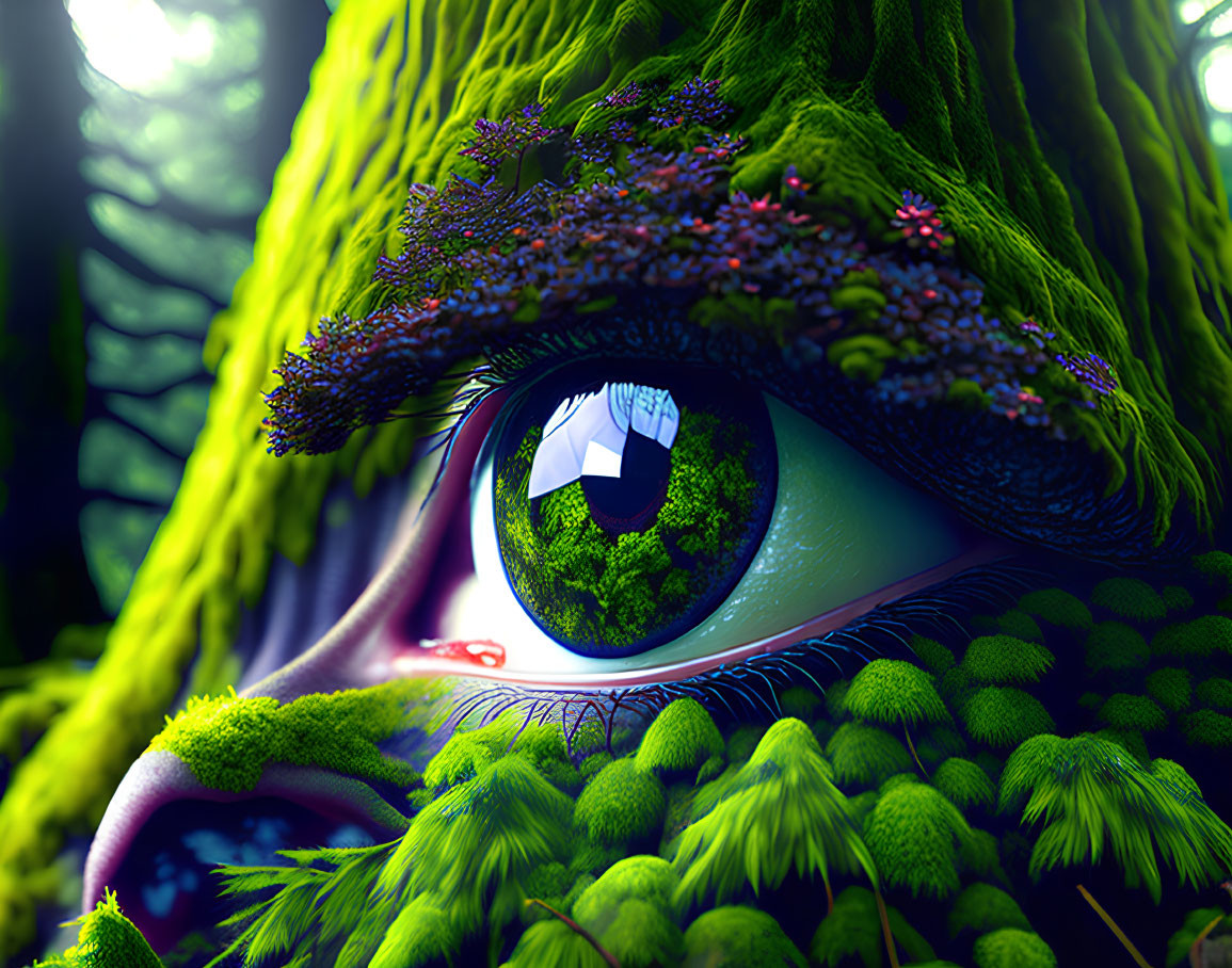 Whimsical eye in lush green forest landscape