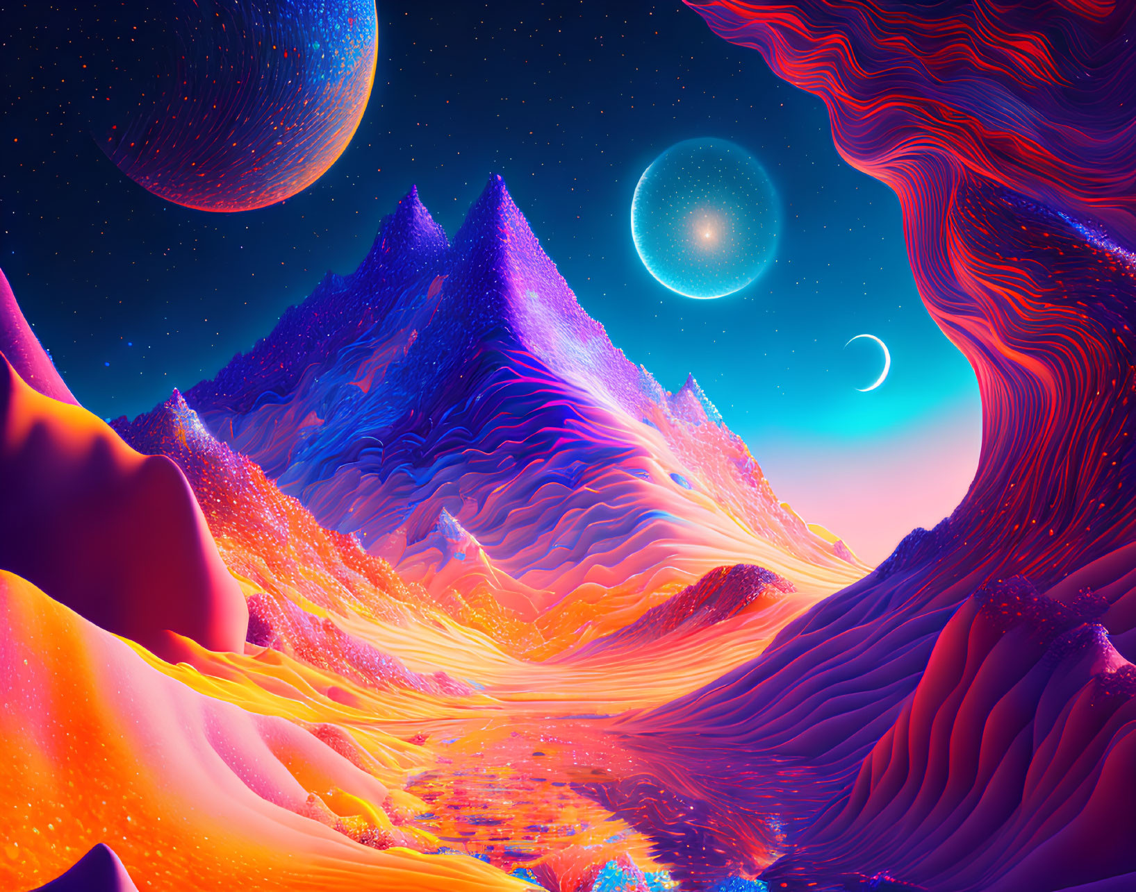 Neon-colored landscape with undulating mountains and celestial bodies