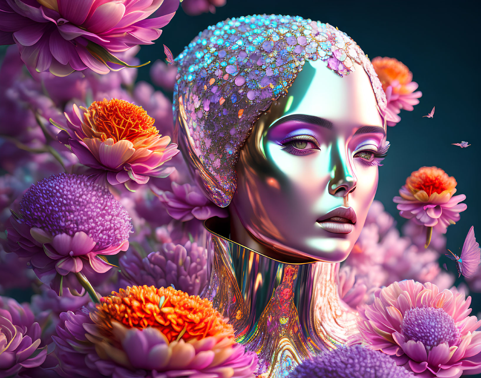 Futuristic golden female robotic figure with pink and orange flowers.