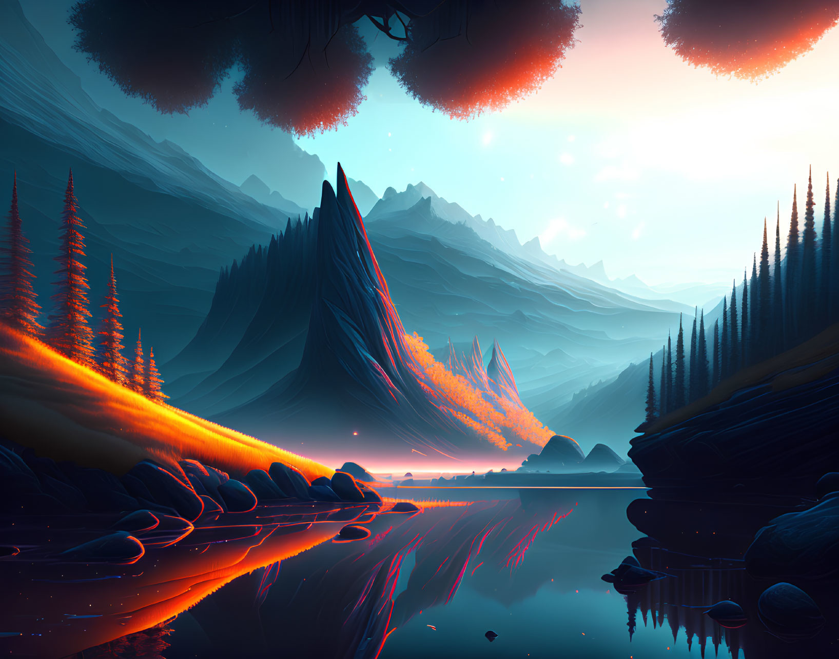 Majestic mountains and glowing flora in serene digital landscape