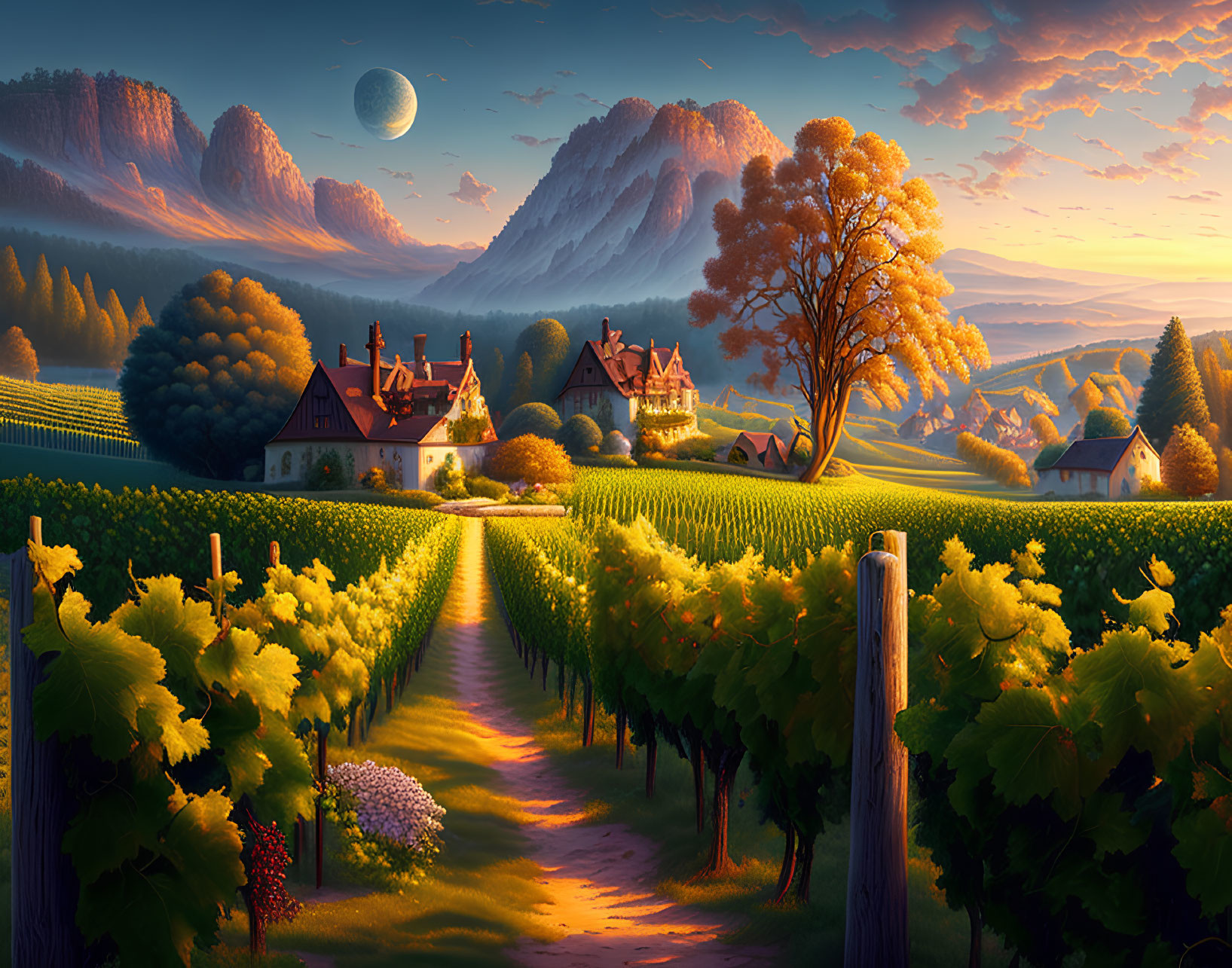 Tranquil vineyard landscape at sunset with crescent moon
