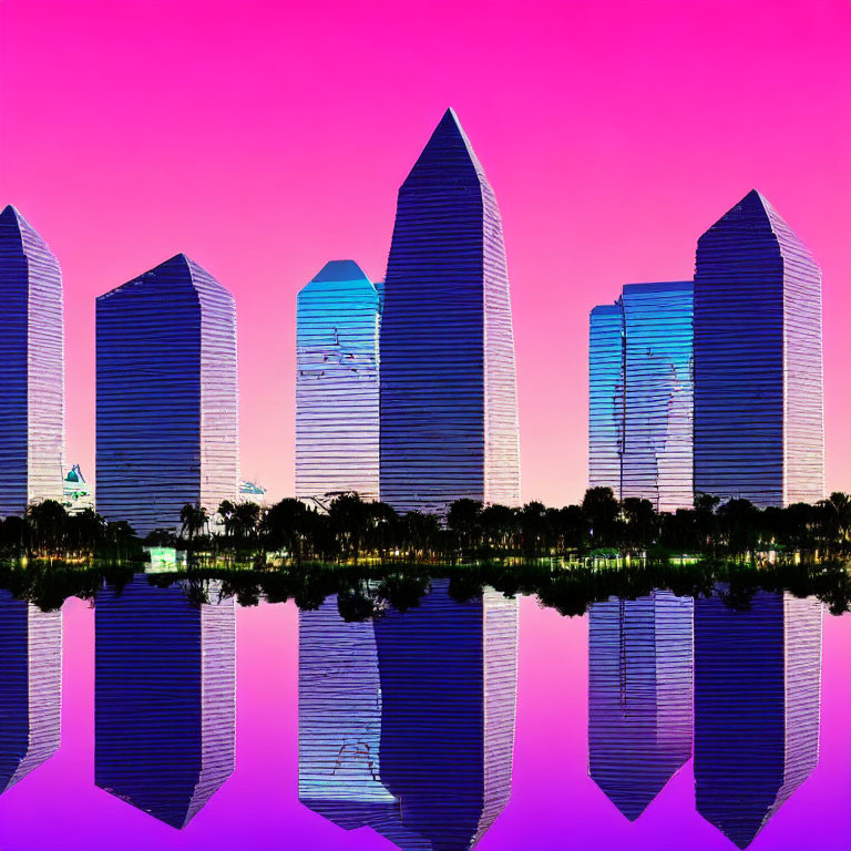 Digitally altered cityscape with skyscrapers reflected in colorful sky