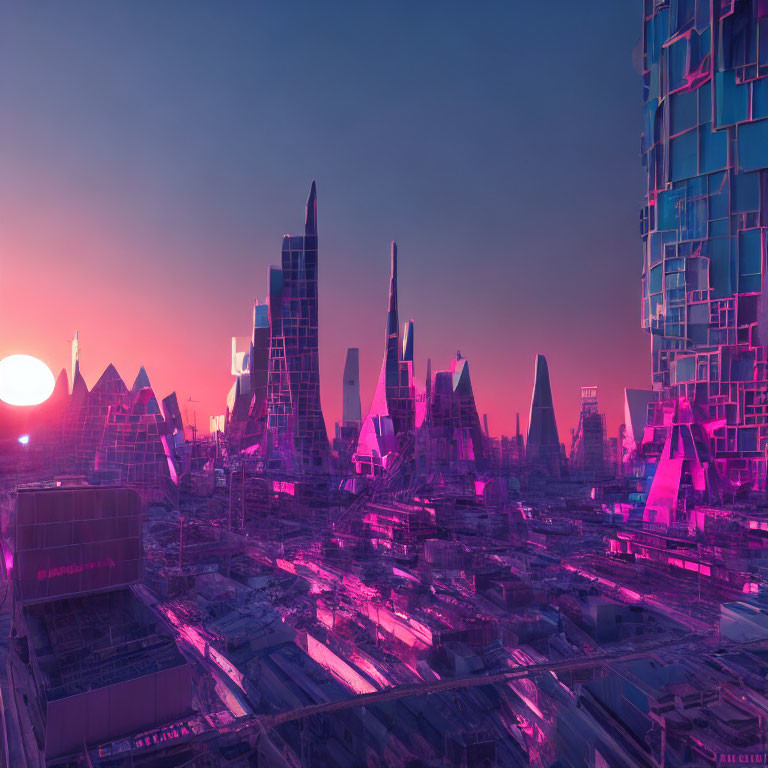 Futuristic cityscape with pink and purple hues at sunset