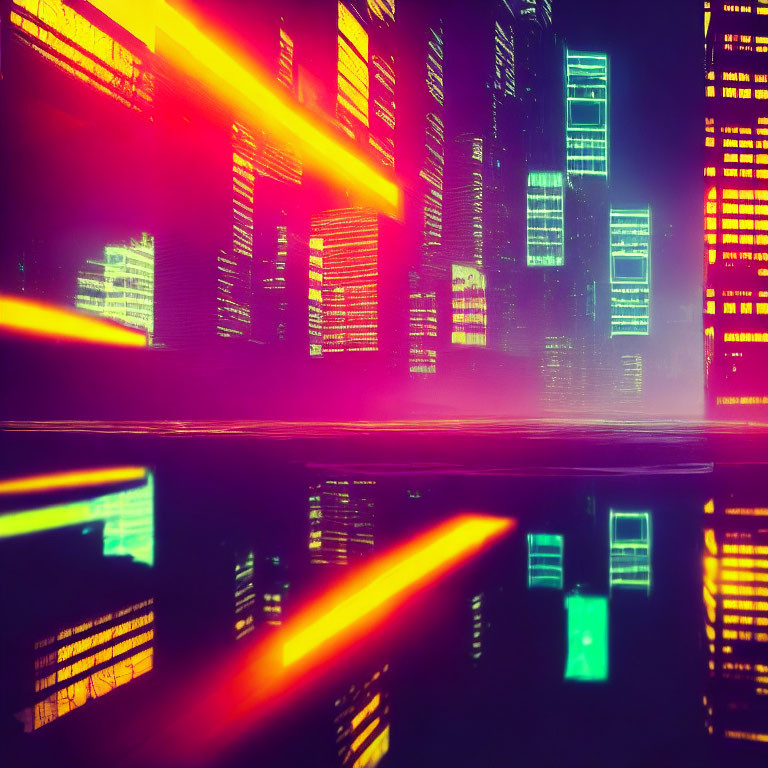 Vivid neon-lit cyberpunk cityscape with skyscrapers and light streaks