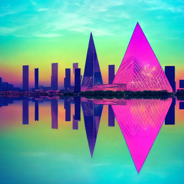Vibrant cityscape with mirrored lake and geometric shapes in colorful sky