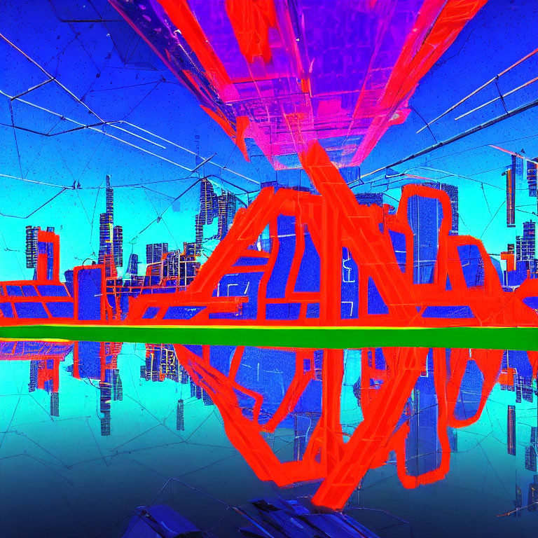 Futuristic city digital artwork with orange structures and blue neon outlines