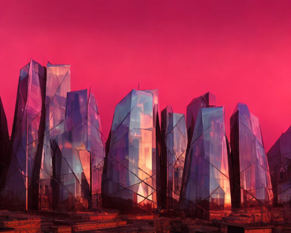 Futuristic crystal-like buildings in dramatic urban landscape under crimson sky