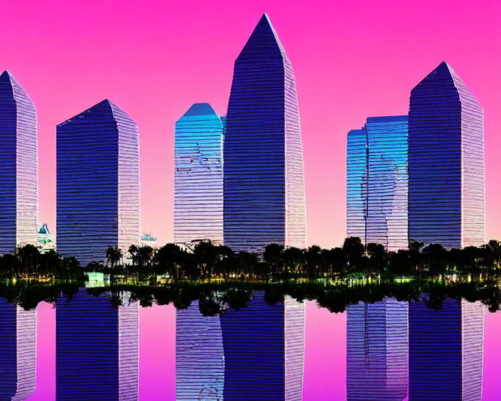Digitally altered cityscape with skyscrapers reflected in colorful sky