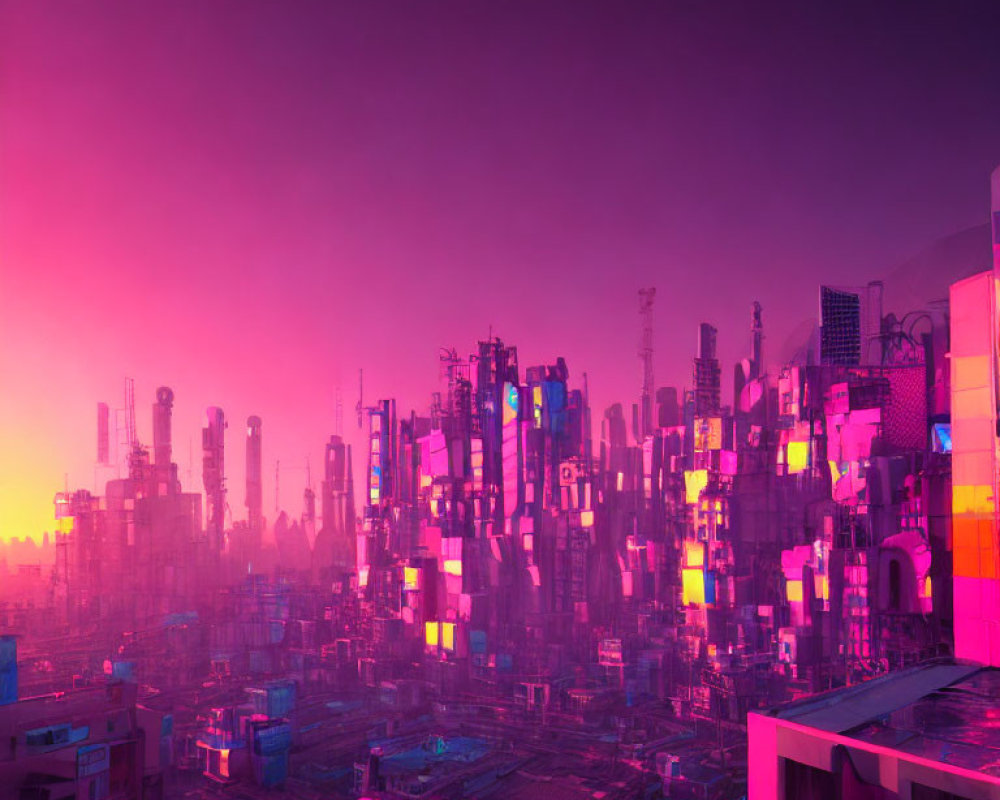 Futuristic cityscape with neon colors at sunset