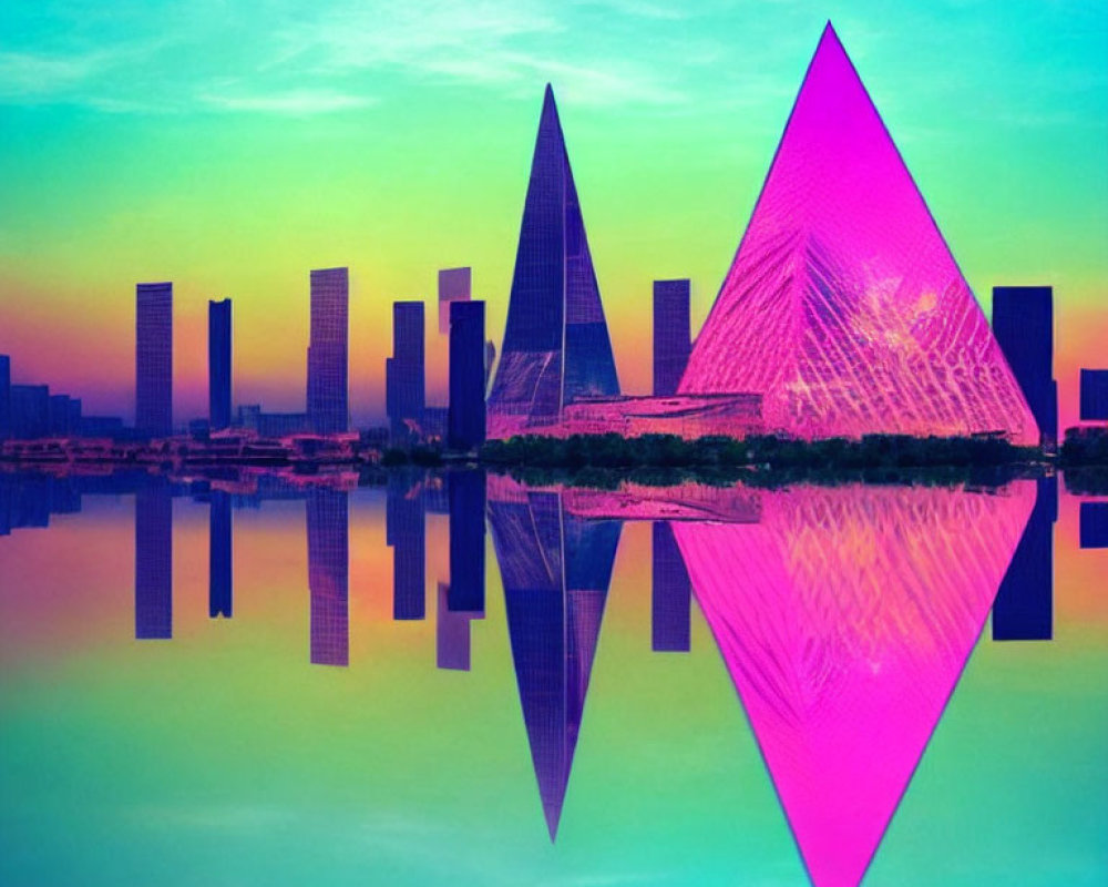 Vibrant cityscape with mirrored lake and geometric shapes in colorful sky