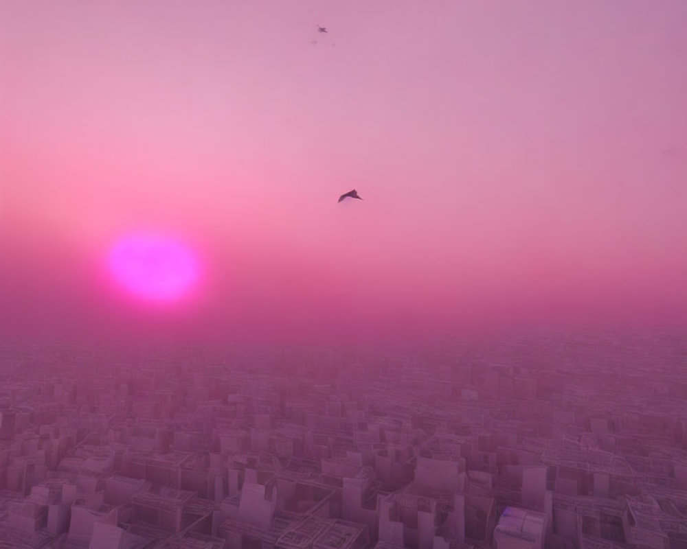 Bird flying over pink-hazed cityscape at sunset